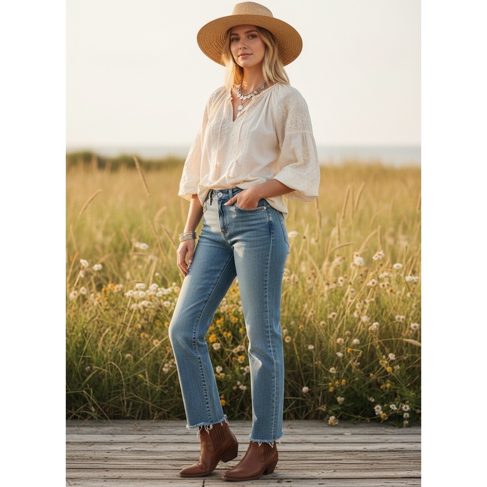 PAIGE Jacqueline Straight Jeans 25 High Rise Raw Hem Crop Light Wash Stretch‎